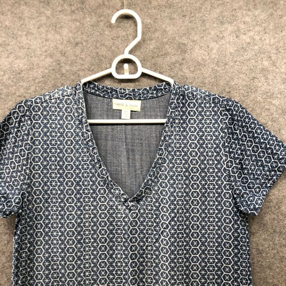 Cloth & Stone Chambray Shift Dress XS V-Neck Printed Blue Lyocell Short Sleeve - Picture 3 of 10